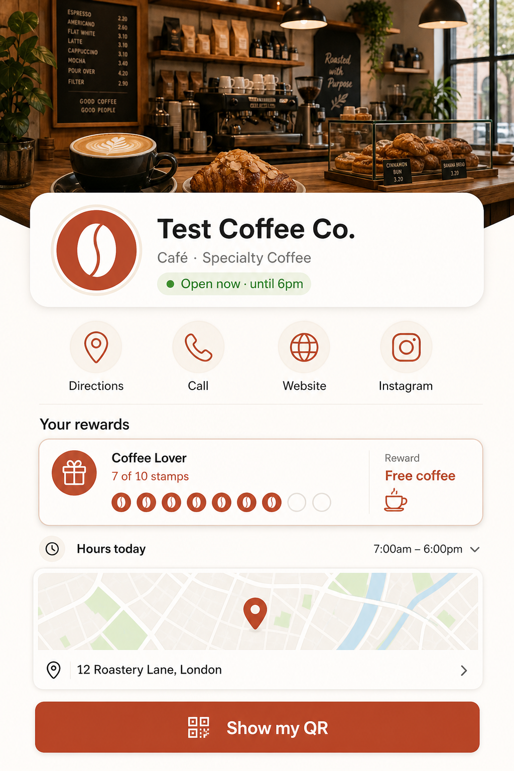 Example Stampr merchant landing page for Test Coffee Co. shown on a phone